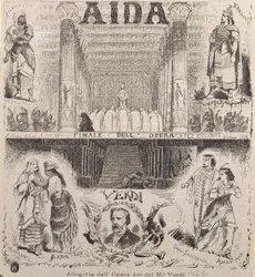 Plakat som reklamerer for en forestilling av 'Aida' av Verdi, 1872